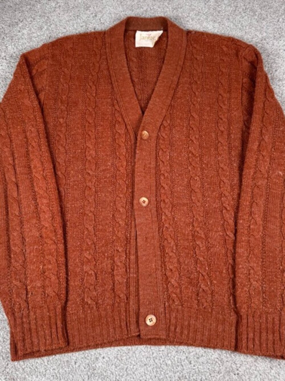 Vintage 70s Cable Knit Cardigan Sweater Size Large Orange Kurt Kobain Jantzen